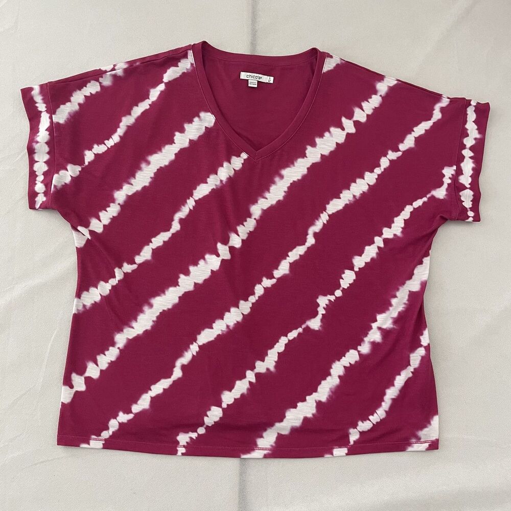 Chico's V-Neck Short Sleeve Tie Dye Pink Knit Top Women Size 3, US XL